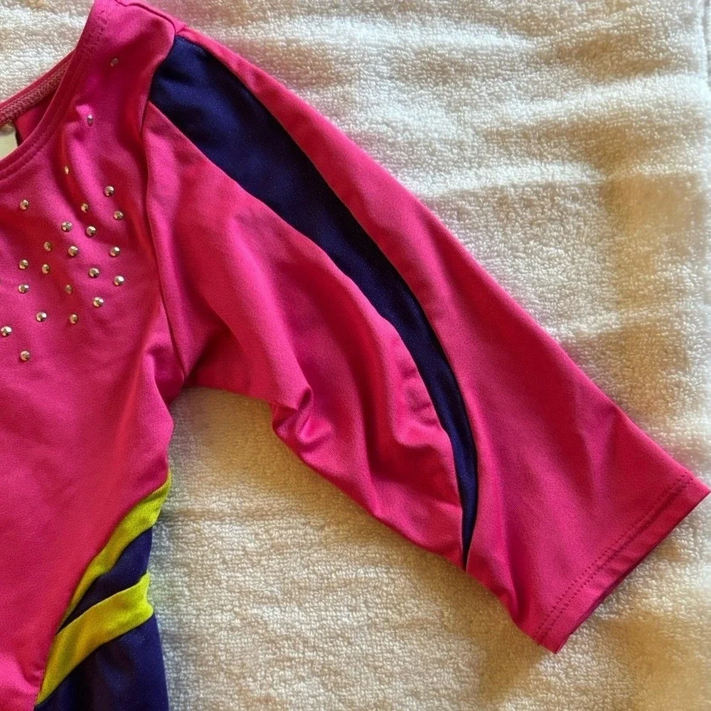 Freestyle Danskin Leotard Kids 6/6X Pink Rhinestone Long Sleeve Gymnastics Dance